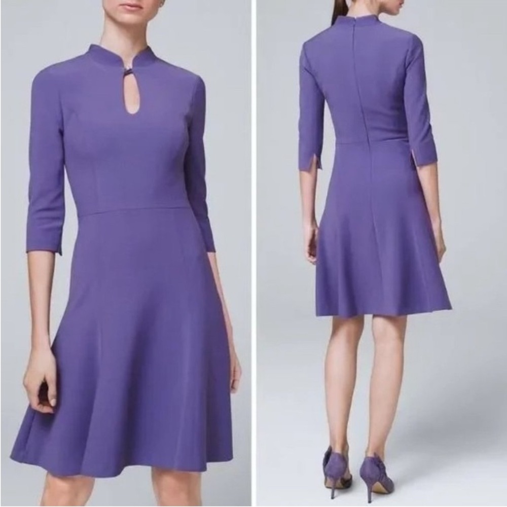 NWOT WHITE HOUSE BLACK MARKET PURPLE FIT FLARE PEARL KEYHOLE CAREER TWIRL DRESS